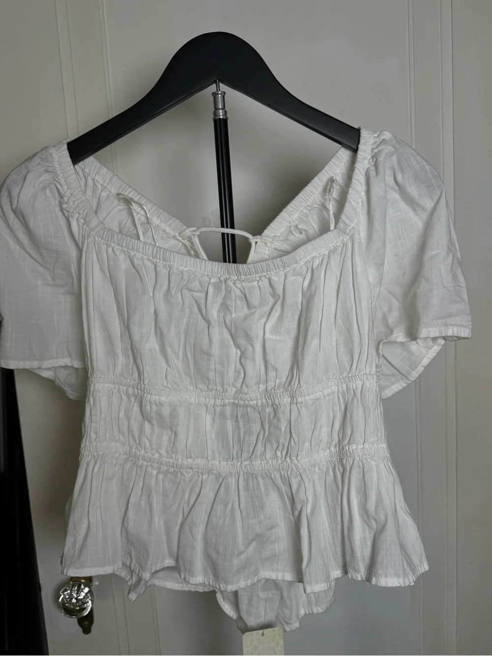 Free People White Smocked Peasant Blouse with Tie